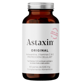 Frasco de Astaxin 4 mg con 60 perlas. Suplemento antioxidante con astaxantina AstaREAL®, vitamina C y E, de alta absorción y pureza.