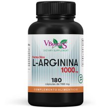 Frasco de L-Arginina 1000 mg VByotics con 180 cápsulas vegetales. Suplemento aminoácido para óxido nítrico, circulación y vitalidad.
